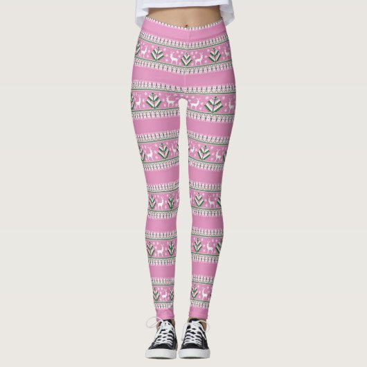 Winter Licht Roze en Witte Kerstmis Fair Isle Leggings (Voorkant)