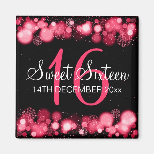 Winter Lief 16 Verjaardagsfeestje Rode Bokeh Licht Magneet (Voorkant)