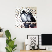 WINTER LIEFDESVOGELS IN SNEEUW Zwart Wit Poster (Thuiskantoor)