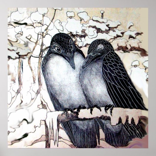 WINTER LIEFDESVOGELS IN SNEEUW Zwart Wit Poster (Voorkant)