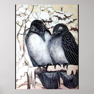 WINTER LIEFDESVOGELS IN SNEEUW Zwart Wit Poster