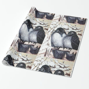 WINTER LIEFDESVOGELS IN SNEEUW Zwart-Wit Tekening Cadeaupapier
