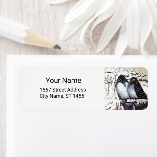 WINTER LIEFDESVOGELS IN SNEEUW Zwart-Wit Tekening Etiket (Insitu)