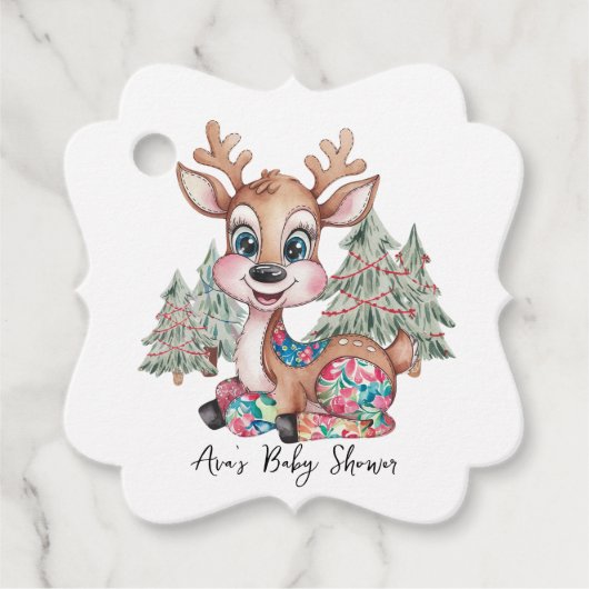 Winter Little Reindeer Sewn Patchwork Baby shower Bedankjes Labels (Voorkant)