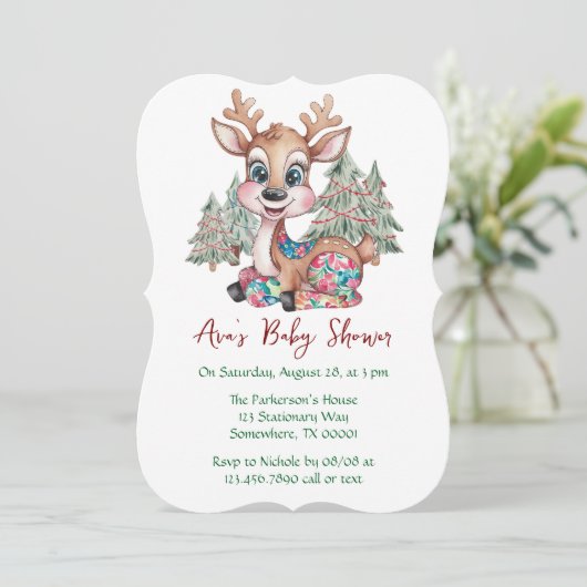 Winter Little Reindeer Sewn Patchwork Baby shower Kaart (Staand voorkant)