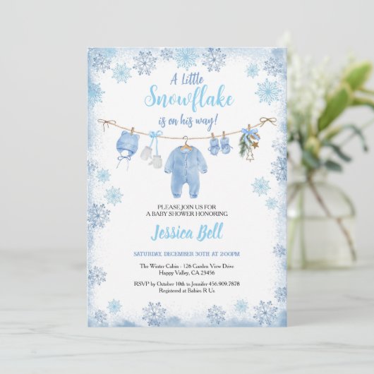 Winter Little Snowflake Baby shower Boy Blue Kaart (Staand voorkant)