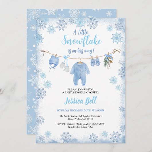 Winter Little Snowflake Baby shower Boy Blue Kaart (Voorkant / Achterkant)