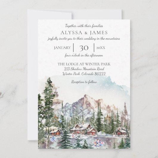 Winter Lodge in de bergen bruiloft uitnodiging (Voorkant)