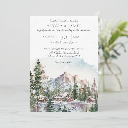 Winter Lodge in de bergen bruiloft uitnodiging (Staand voorkant)