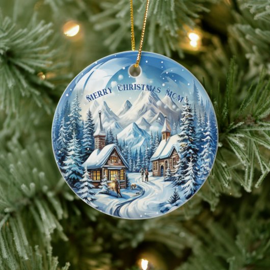 Winter Log Cabin Bergen Pinetrees Keramisch Ornament (Boom)