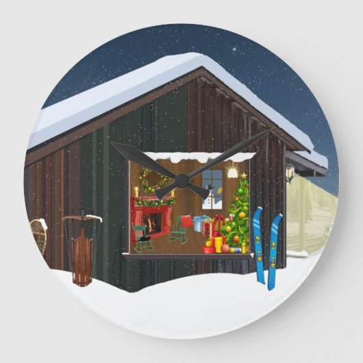 WINTER LOG CABIN SCENE WALL CLOCK GROTE KLOK (Voorkant)