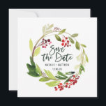 Winter loof kaart om de datum te reserveren<br><div class="desc">Winter aquarel rode en groene loof save the date kaart. Met mooie moderne scripttekst en trendy aquarellen. Maakt deel uit van een collectie.</div>