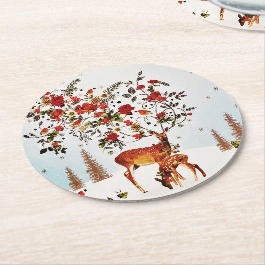 Winter Love Bird kerstboom Waterverf Ronde Kartonnen Onderzetter (Gebogen)