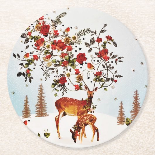 Winter Love Bird kerstboom Waterverf Ronde Kartonnen Onderzetter (Voorkant)