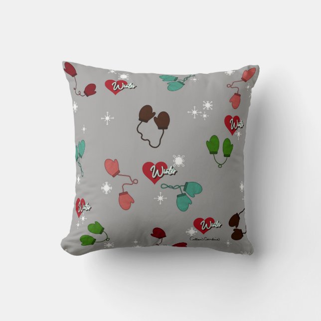 Winter Love Mittens en Snowflake Pattern on Steel Kussen (Voorkant)