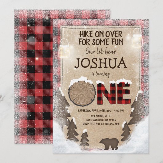 Winter Lumberjack Birthday Invitation Woodland Kaart (Voorkant / Achterkant)