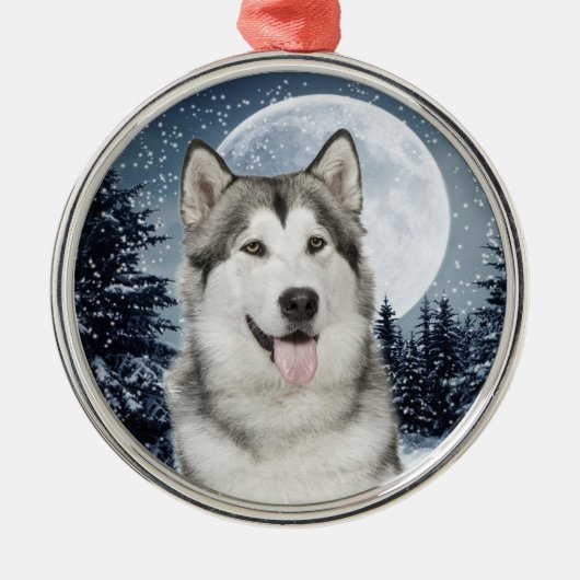 Winter Maan Husky Kerstversiering Metalen Ornament (Voorkant)