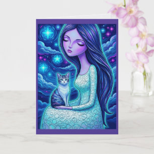 Winter Maan Maagd Zilveren Kat Fantasie Kunst Kaar Kaart