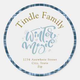 "Winter Magic" Blue Gingham Plaid Adres Ronde Sticker