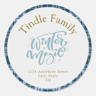 "Winter Magic" Blue Gingham Plaid Adres Ronde Sticker