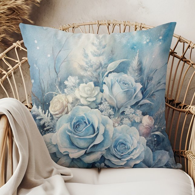 Winter Magic Blue Rose Floral Pillow Kussen (Winter Magic Blue Rose Floral Pillow in a boho rattan armchair.)
