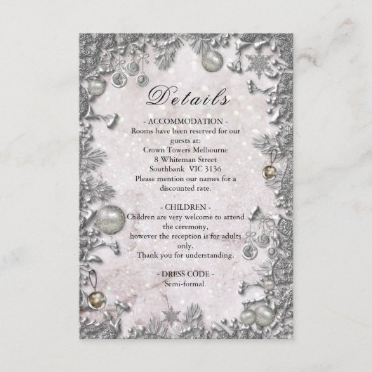 Winter Magic Kerstmis bruiloft details Informatiekaartje (Voorkant)