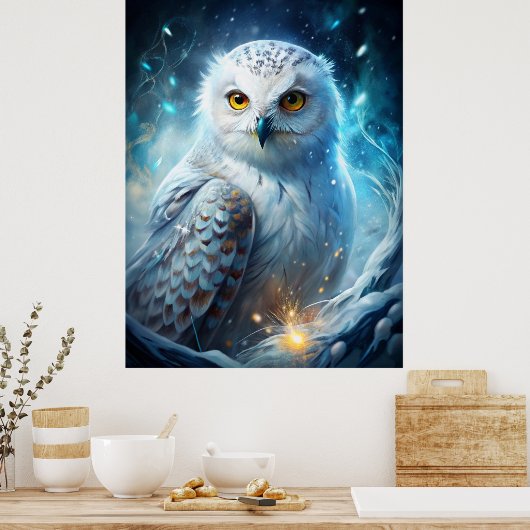 Winter Magic Snowy Owl – Mystical Blue Forest Poster (Keuken)