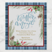 "Winter Magic" Trendy Blue Gingham Holly Christmas Wijn Etiket (Enkel label)
