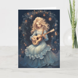 Winter Magie Meisje dat gitaar speelt Kerst muziek Feestdagen Kaart