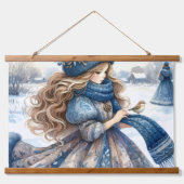 Winter Maiden in het blauwe besneeuwde platteland Hangend Wandkleed (Voorkant)