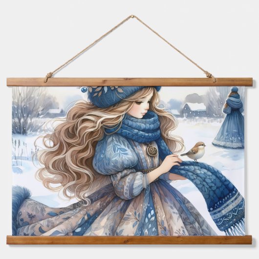 Winter Maiden in het blauwe besneeuwde platteland Hangend Wandkleed (Voorkant)