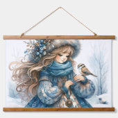 Winter Maiden in het blauwe besneeuwde platteland Hangend Wandkleed (Voorkant 2)