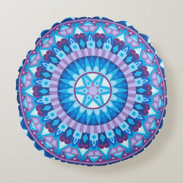 Winter Mandala Blauwe Sneeuwvlok Geometrisch Gezel Rond Kussen (Voorkant)