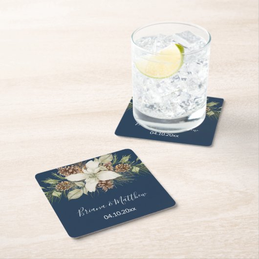 Winter Marine Blauw Elegant Script Bruiloft Kartonnen Onderzetters (Insitu)