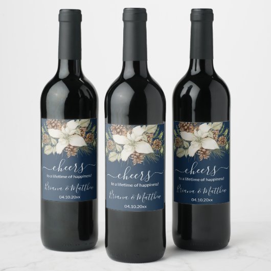 Winter Marine Blauw Elegant Script Bruiloft Wijn Etiket (Flessen)