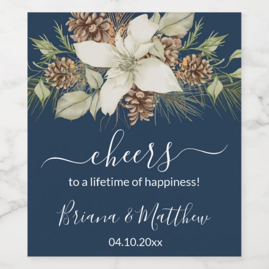 Winter Marine Blauw Elegant Script Bruiloft Wijn Etiket (Enkel label)