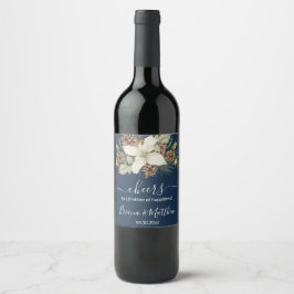 Winter Marine Blauw Elegant Script Bruiloft Wijn Etiket
