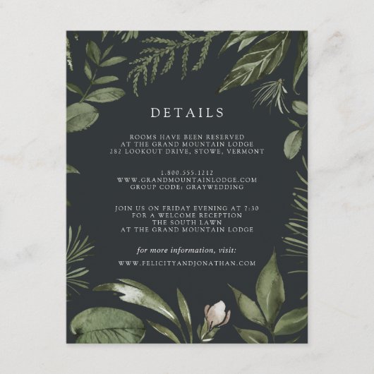 Winter Meadow | Details groene botanische bruiloft Informatiekaartje (Voorkant)