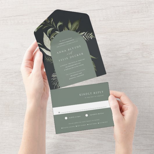 Winter Meadow Green Botanical Arch Wedding All In One Uitnodiging (Afscheurbaar)