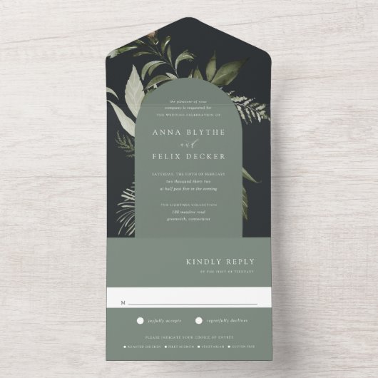 Winter Meadow Green Botanical Arch Wedding All In One Uitnodiging (Binnen)