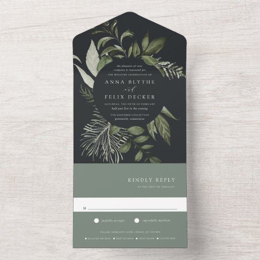 Winter Meadow Green Botanical Lijst Wedding All In One Uitnodiging (Binnen)