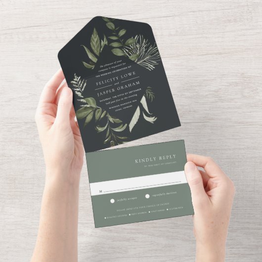 Winter Meadow Green Botanical Lijst Wedding All In One Uitnodiging (Afscheurbaar)