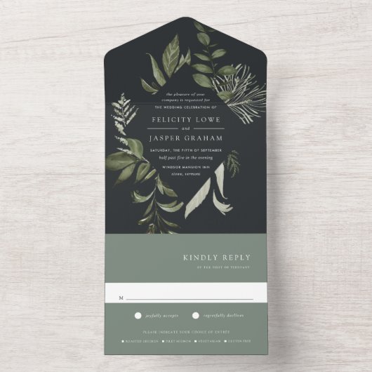 Winter Meadow Green Botanical Lijst Wedding All In One Uitnodiging (Binnen)