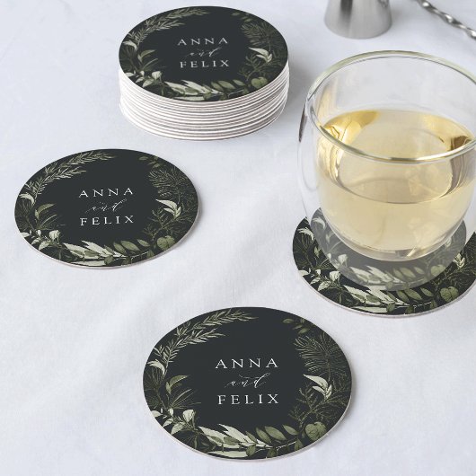 Winter Meadow Green Botanical Personalized Weddens Ronde Kartonnen Onderzetter