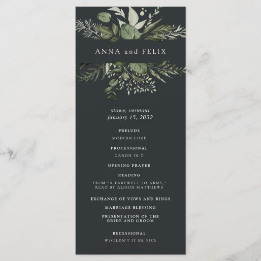 Winter Meadow | Groen botanisch huwelijk Programmakaart (Voorkant)