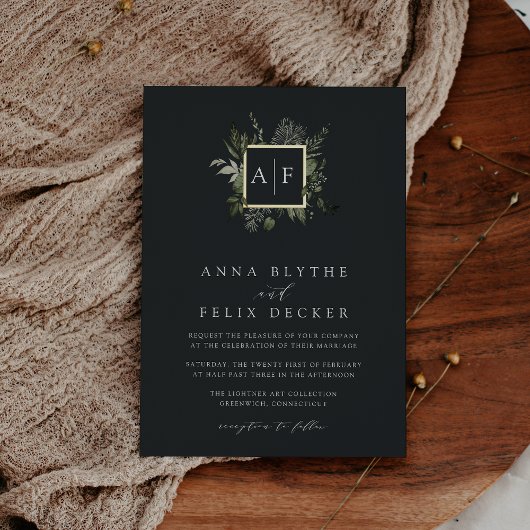 Winter Meadow Monogram | Botanisch huwelijk Folie Uitnodiging