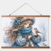 Winter Meisje met Vogel in Blauwe Bloemen Jas Hangend Wandkleed (Voorkant)