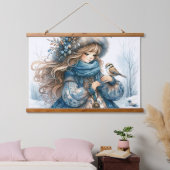 Winter Meisje met Vogel in Blauwe Bloemen Jas Hangend Wandkleed (Slaapkamer)