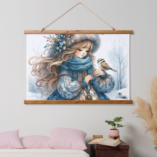 Winter Meisje met Vogel in Blauwe Bloemen Jas Hangend Wandkleed (Slaapkamer)