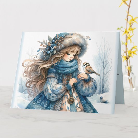 Winter Meisje met Vogel in Blauwe Bloemen Jas Kaart (Gele Bloem)